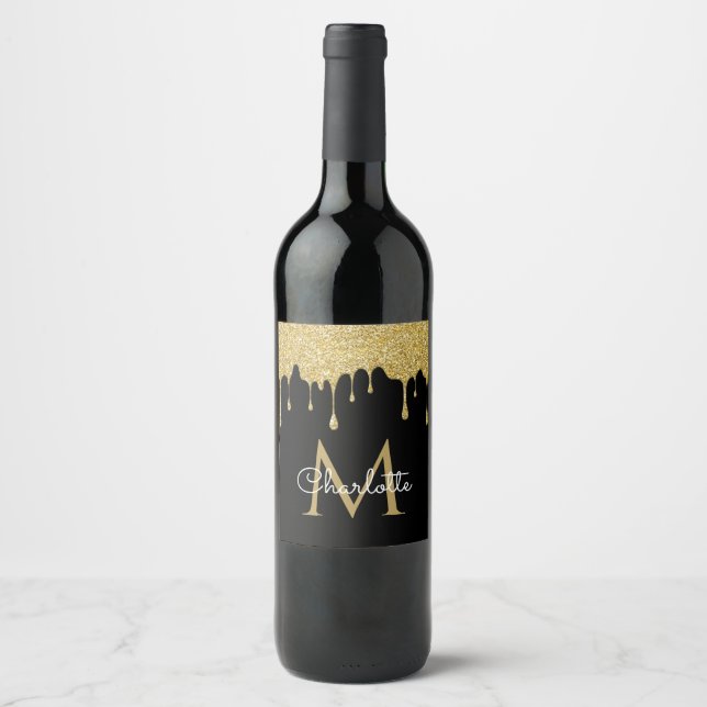 Gold Glitter Drips Monogram Elegant Script Wine Label (Front)