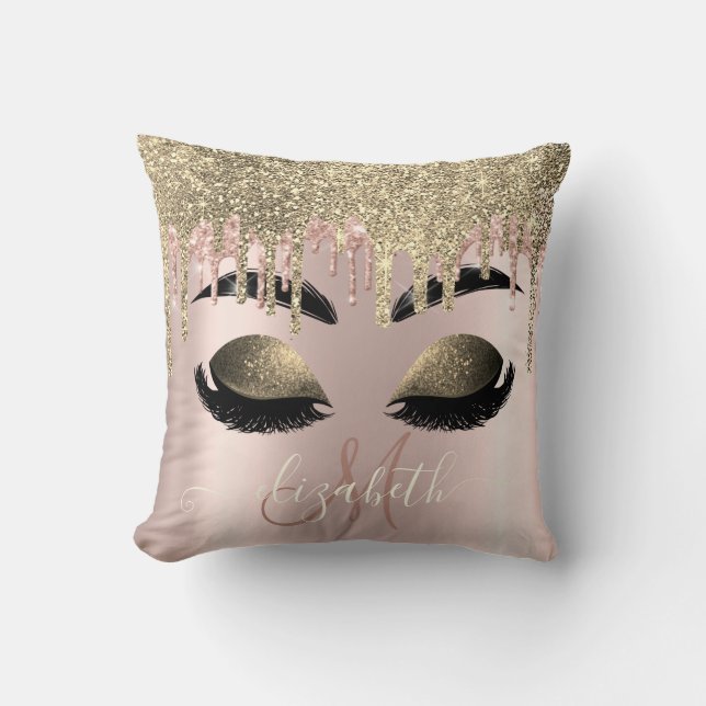 Gold Glitter Drips Monogram Faux Lashes Cushion (Front)