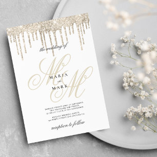 Gold glitter drips monogram initial wedding invitation