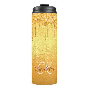 Gold glitter drips monogram name thermal tumbler