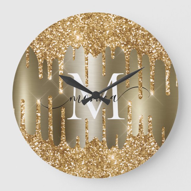 Gold Glitter Drips Monogram Personalized Large Clock (Front)