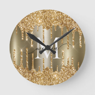Gold Glitter Drips Monogram Personalized Wall Cloc Round Clock