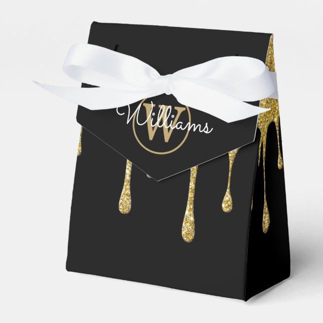 Gold Glitter Drips Monogram Script Name Black Favour Box (Front Side)