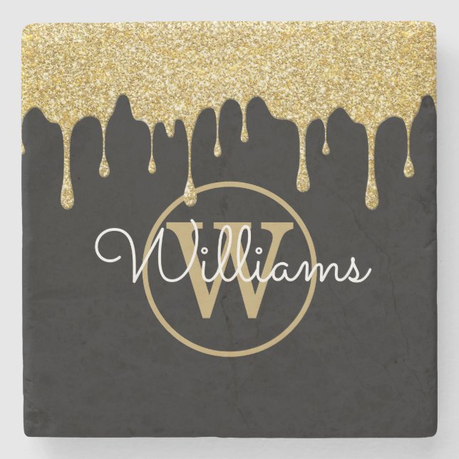 Gold Glitter Drips Monogram Script Name Black Stone Coaster (Front)