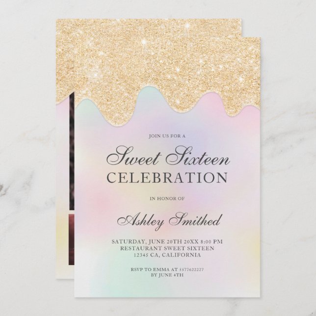 Gold glitter drips pearl photo sweet sixteen invitation (Front/Back)