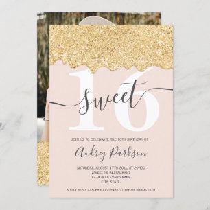 Gold glitter drips photo pastel pink chic Sweet 16 Invitation