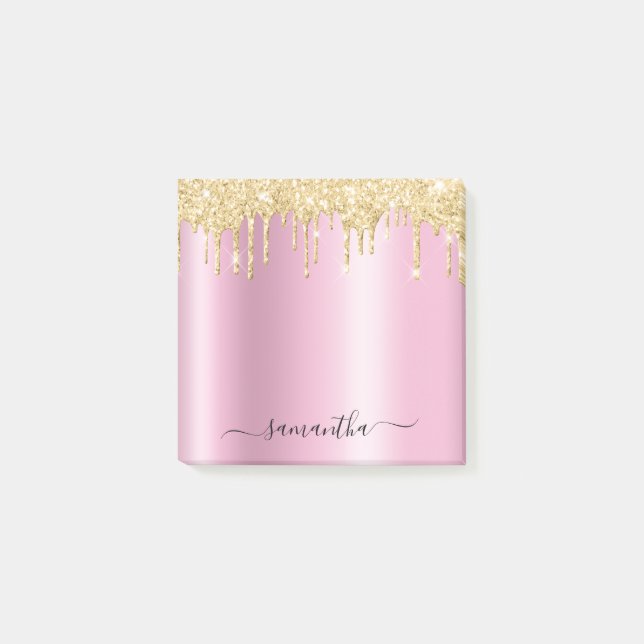 Gold Glitter Drips Pink Shimmer Glam Name Post-it Notes (Front)