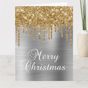Gold Glitter Drips Silver Metallic Merry Christmas Card