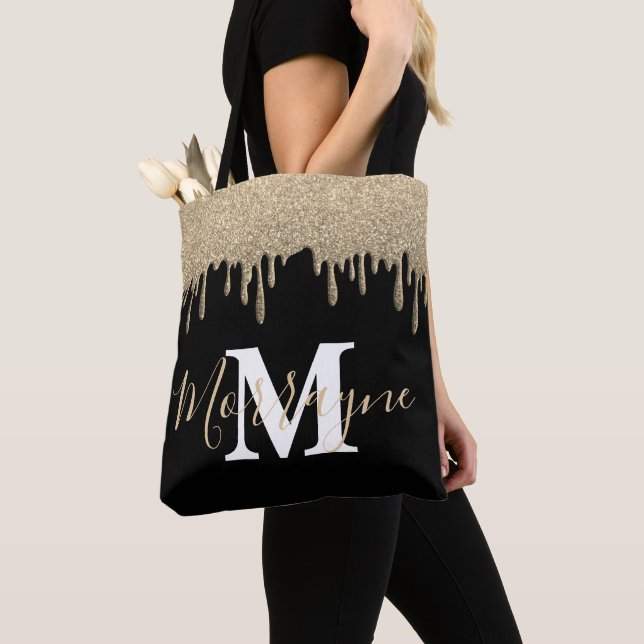  Gold Glitter Drips Sparkles Metallic Monogram     Tote Bag (Close Up)