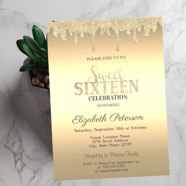 Gold Glitter Drips Sweet 16 Invitation (Creator Uploaded)