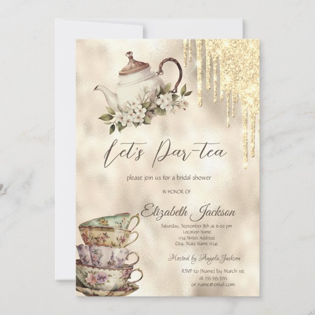 Gold Glitter Drips Tea Set Bridal Shower  Invitation (Front)