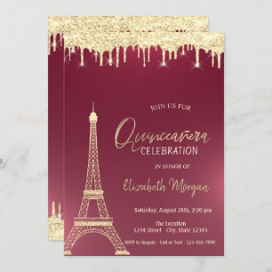 Gold Glitter Drops Eiffel Tower Red Quinceanera Invitation