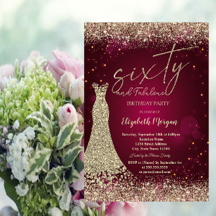 Gold Glitter Dust Border Dress Red 60th Birthday Invitation