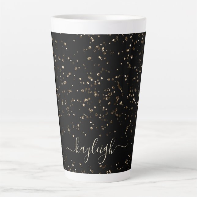 Gold Glitter Dust on Black Personalised Latte Mug (Front)