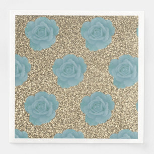 Gold Glitter Dusty Blue Rose Bridal Shower Wedding Napkin