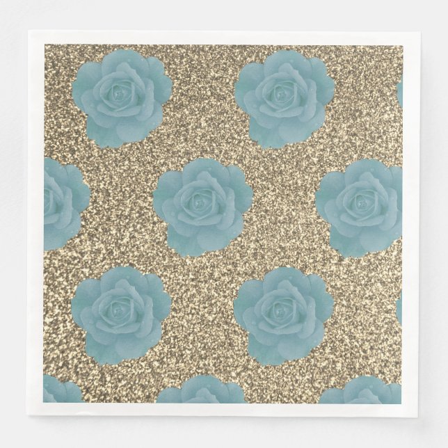 Gold Glitter Dusty Blue Rose Bridal Shower Wedding Napkin (Front)