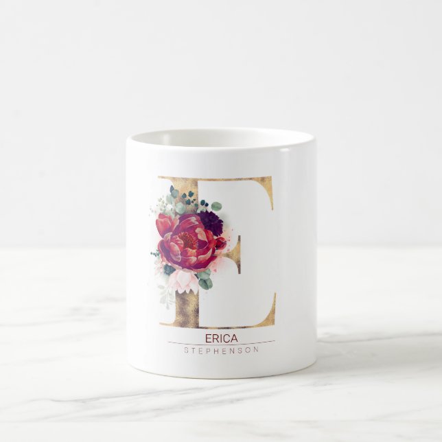 Gold Glitter E Monogram Floral Burgundy Red Coffee Mug (Center)