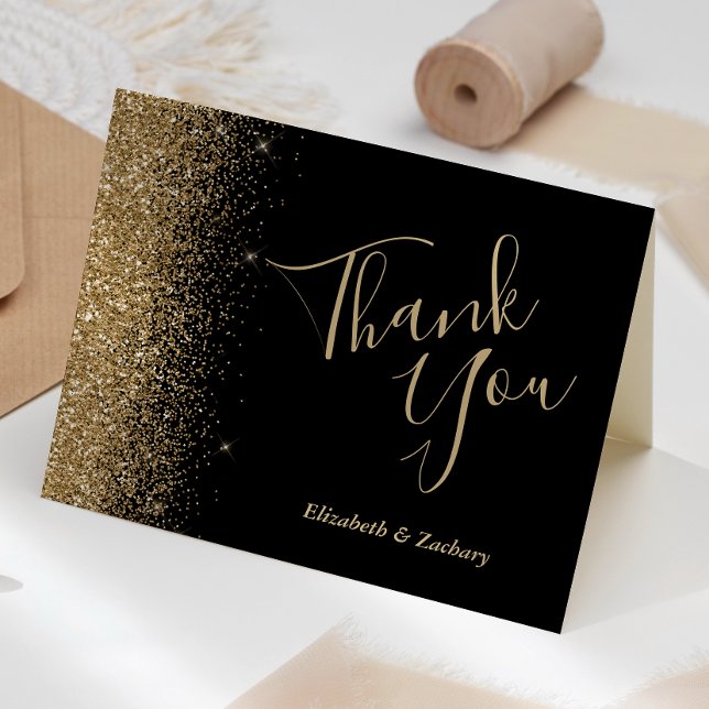 Gold Glitter Edge Black Wedding Thank You Card (Creator Uploaded)