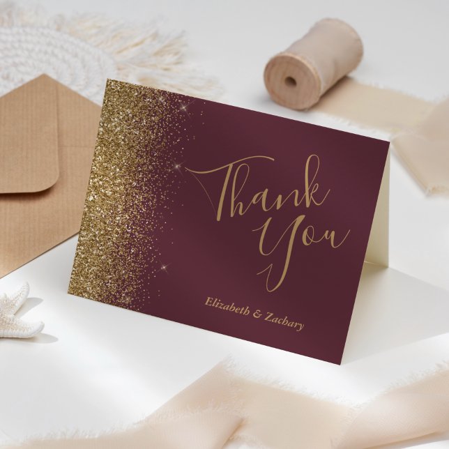 Gold Glitter Edge Dark Burgundy Wedding Thank You Card (Creator Uploaded)