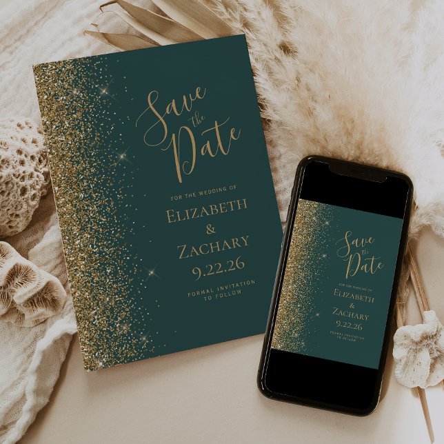 Gold Glitter Edge Dark Green Save the Date Announcement (Creator Uploaded)