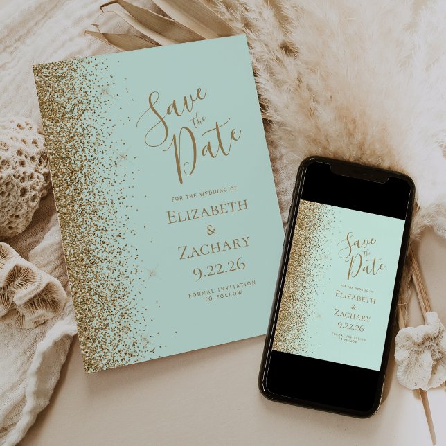 Gold Glitter Edge Mint Green Save the Date Announcement (Creator Uploaded)