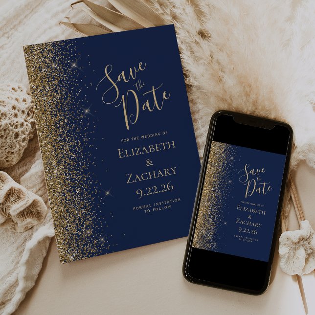 Gold Glitter Edge Navy Blue Save the Date Announcement (Creator Uploaded)