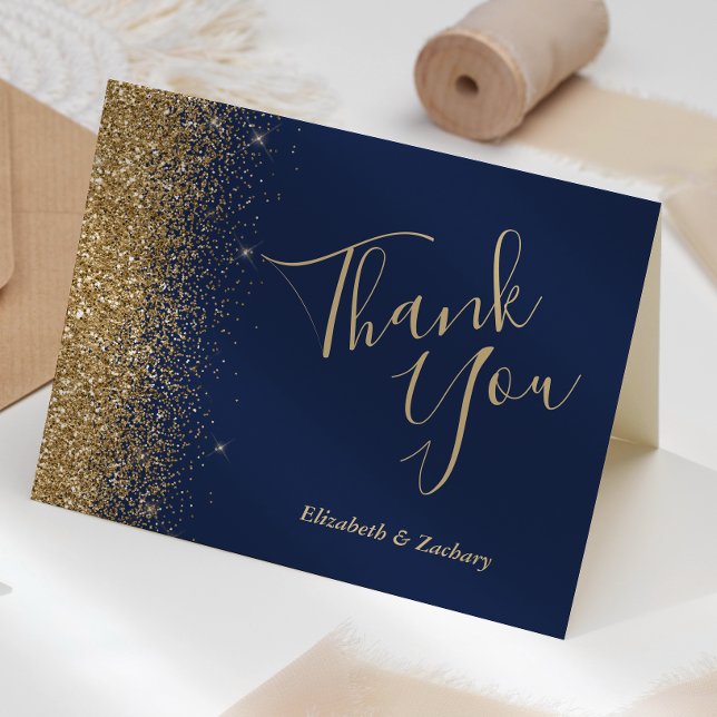 Gold Glitter Edge Navy Blue Wedding Thank You Card (Creator Uploaded)