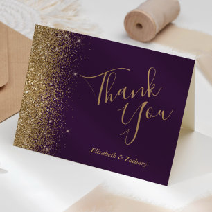 Gold Glitter Edge Purple Wedding Thank You Card