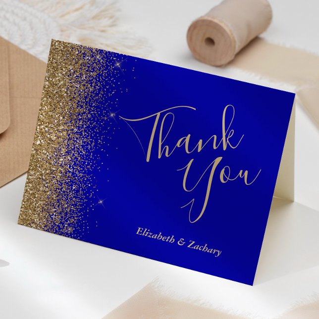 Gold Glitter Edge Royal Blue Wedding Thank You Card (Creator Uploaded)