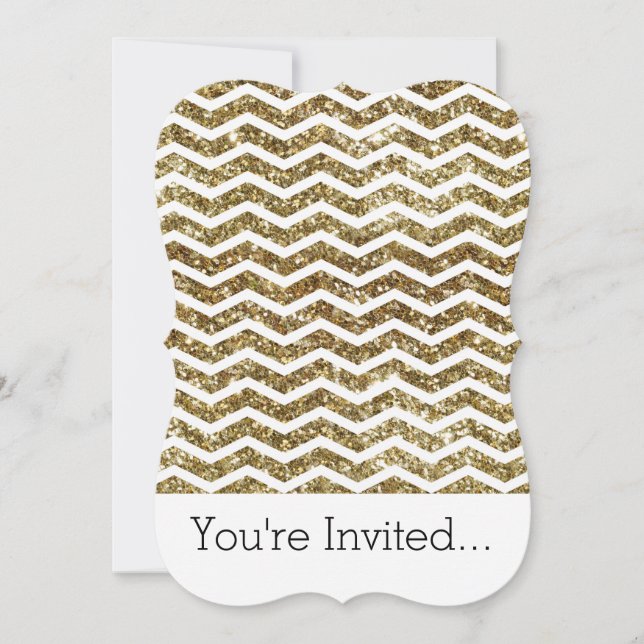 Gold Glitter Effect Elegant Chevron Zig-Zag Invitation (Front)