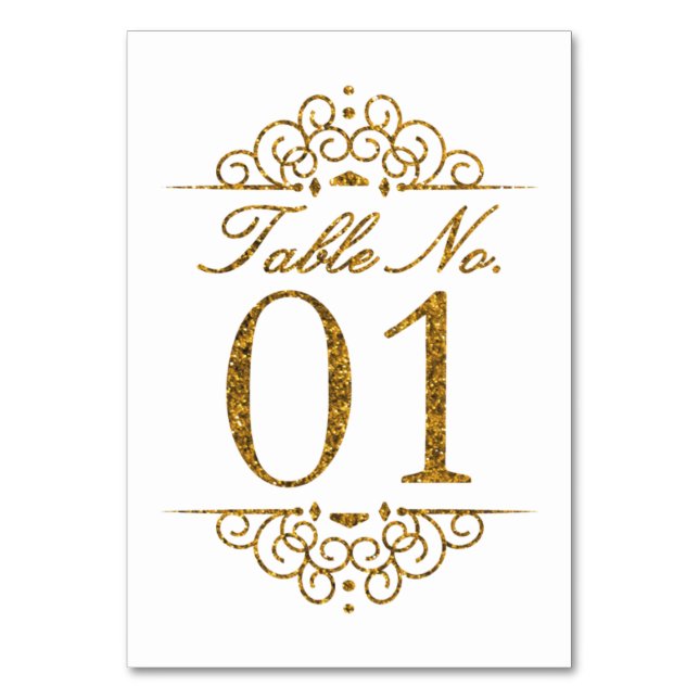 Gold Glitter Effect Wedding Table Number Card (01) (Front)
