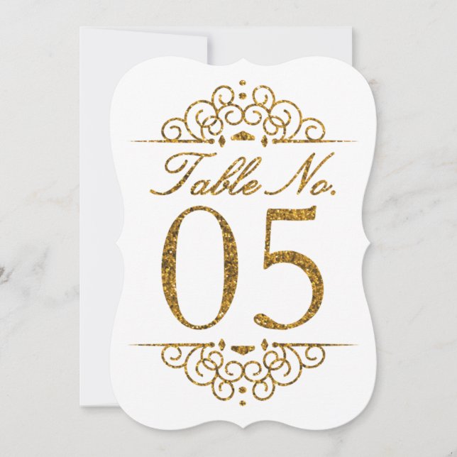 Gold Glitter Effect Wedding Table Number Card (05) (Front)