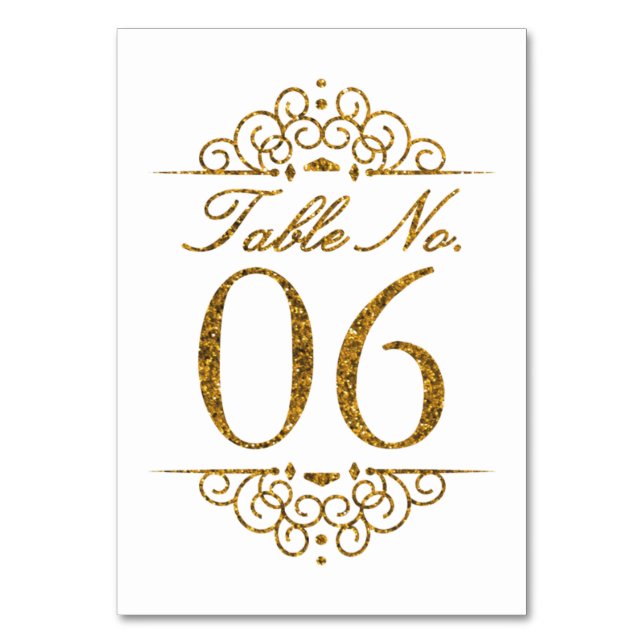 Gold Glitter Effect Wedding Table Number Card (06) (Front)