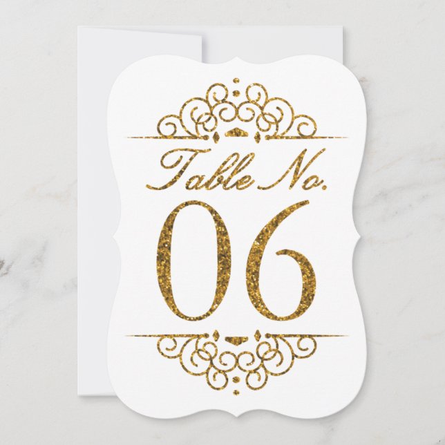 Gold Glitter Effect Wedding Table Number Card (06) (Front)