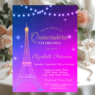 Gold Glitter Eiffel Tower,Burgundy  Quinceañera In Invitation