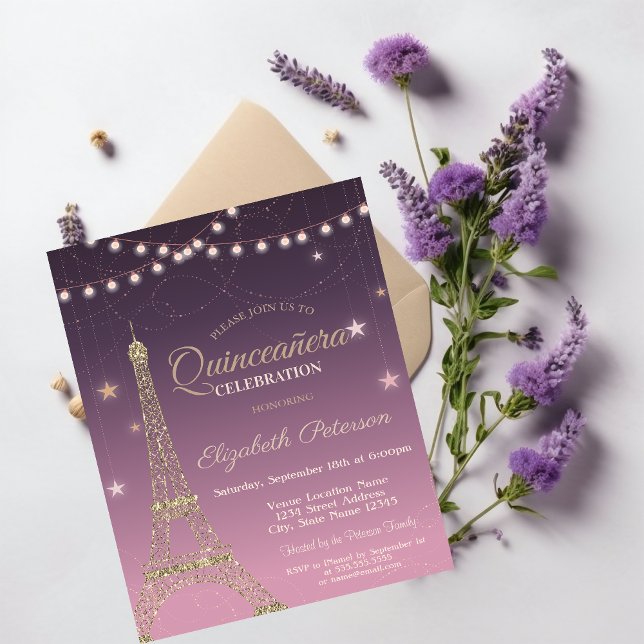 Gold Glitter Eiffel Tower,Burgundy  Quinceañera Invitation (Creator Uploaded)