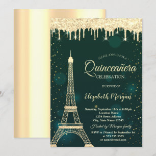 Gold Glitter Eiffel Tower,Drips Green Quinceañera Invitation
