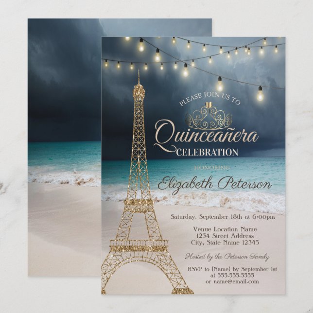 Gold Glitter Eiffel Tower,Tiara Beach Quinceañera Invitation (Front/Back)