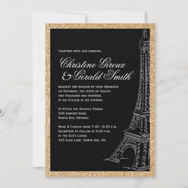 Gold Glitter Eiffel Tower Wedding Invitations (Front)