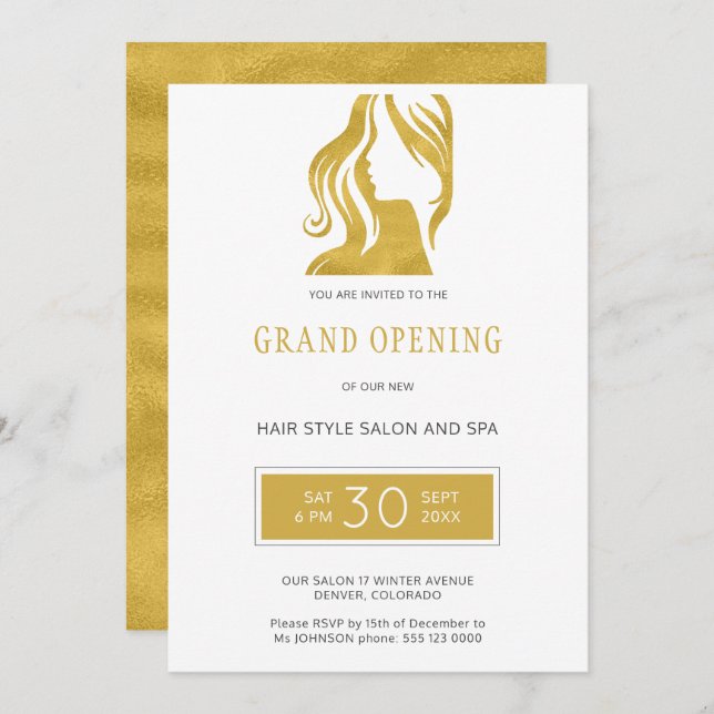 Gold glitter elegant beauty salon grand opening invitation (Front/Back)