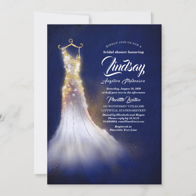 Gold Glitter Elegant Dress Navy Blue Bridal shower Invitation (Front)