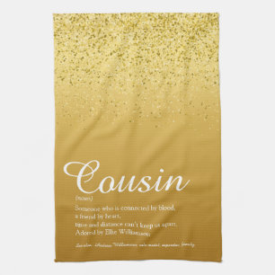 Gold Glitter Elegant Script Cousin Definition  Tea Towel