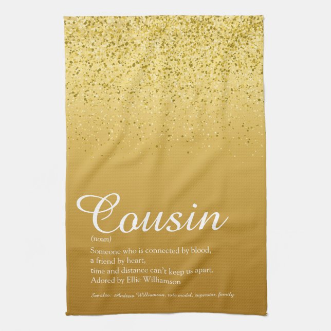 Gold Glitter Elegant Script Cousin Definition  Tea Towel (Vertical)
