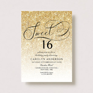 Gold Glitter Elegant Script Sweet 16 Birthday Invitation