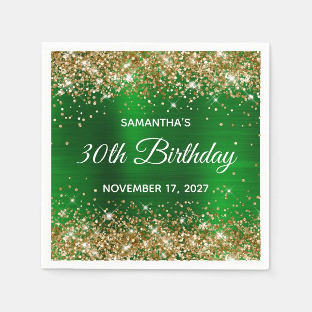 Gold Glitter Emerald Green Foil 30th Birthday Napkin (Front)