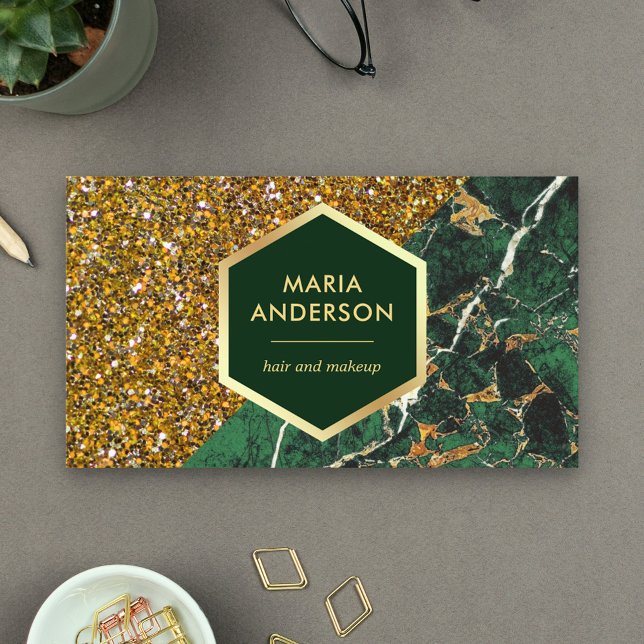 Gold Glitter Emerald Green Marble Makeup Artist Business Card (Creator Uploaded)