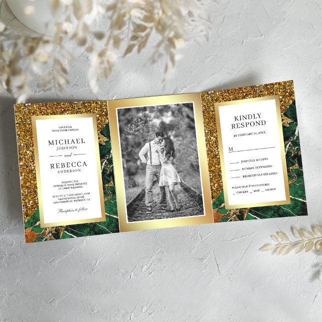 Gold Glitter Emerald Green Marble Photo Wedding Tri-Fold Invitation (Creator Uploaded)
