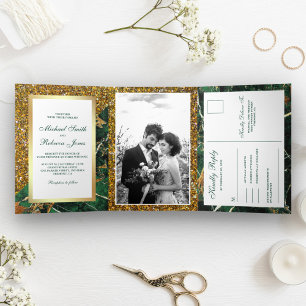 Gold Glitter Emerald Green Marble Photo Wedding Tri-Fold Invitation