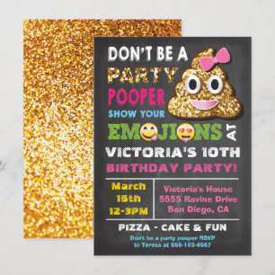 Gold Glitter Emoji Party Pooper Girl Birthay Invitation