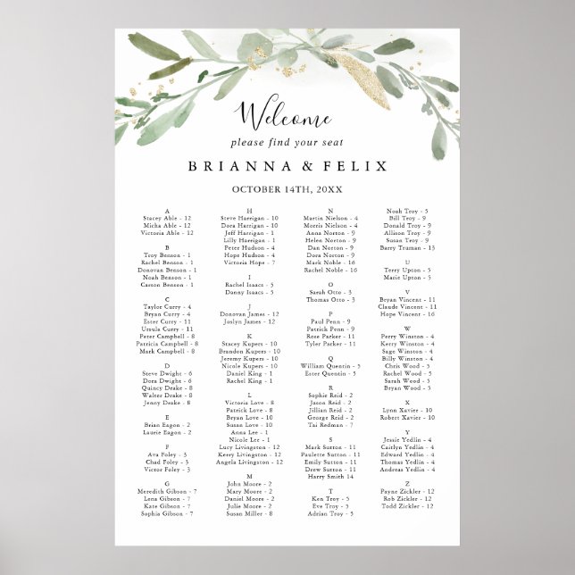 Gold Glitter Eucalyptus Alphabetical Seating Chart (Front)